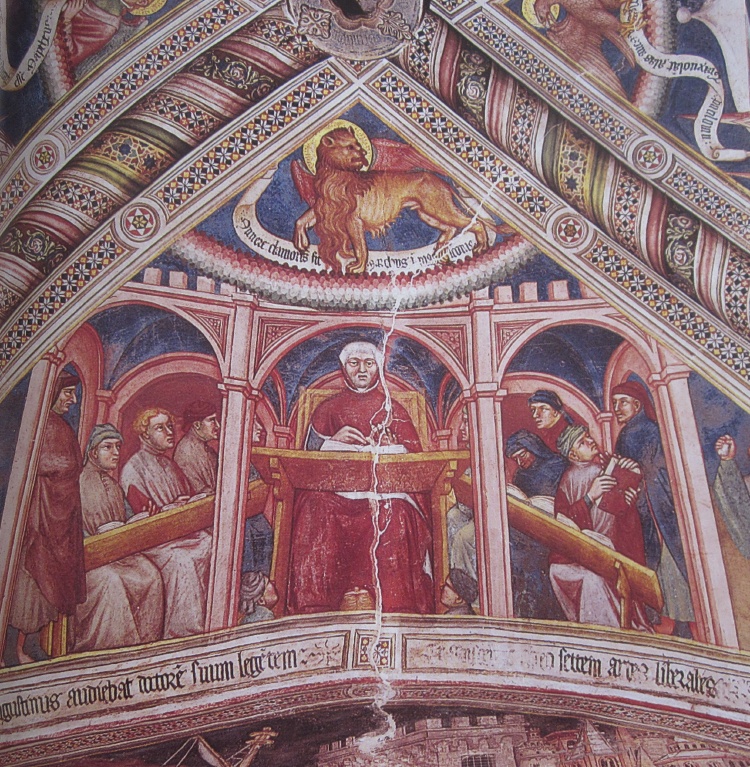 Agostino studia le arti liberali: affresco di Ottaviano nelli a Gubbio