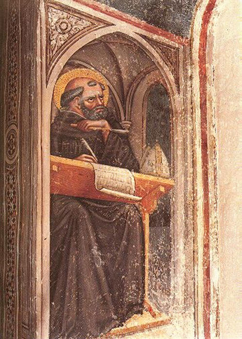 Agostino vede in sogno San Gerolamo e il Battista: affresco di Ottaviano nelli a Gubbio