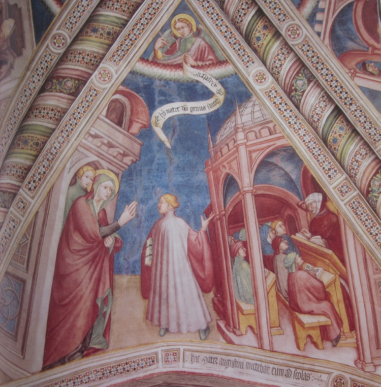 Agostino è condotto a scuola da sua mamma Monica: affresco di Ottaviano nelli a Gubbio