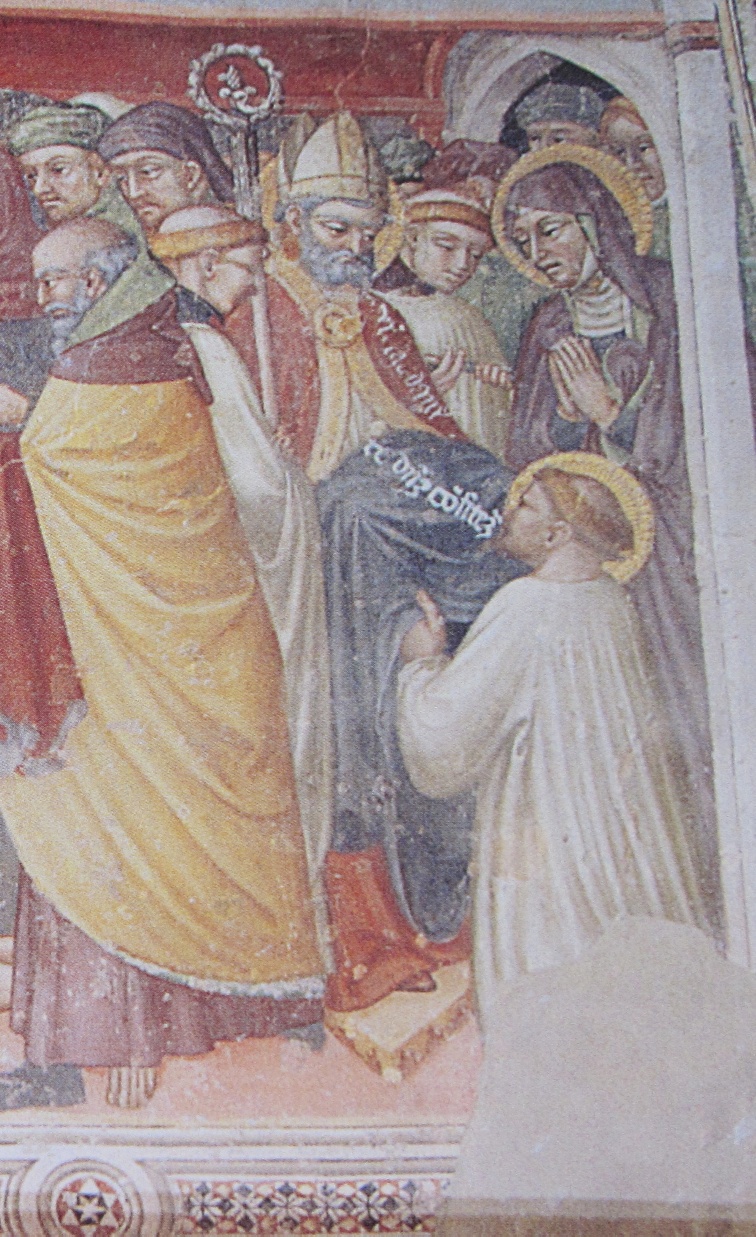 Vestizione di Agostino: si canta il Te Deum: affresco di Ottaviano nelli a Gubbio