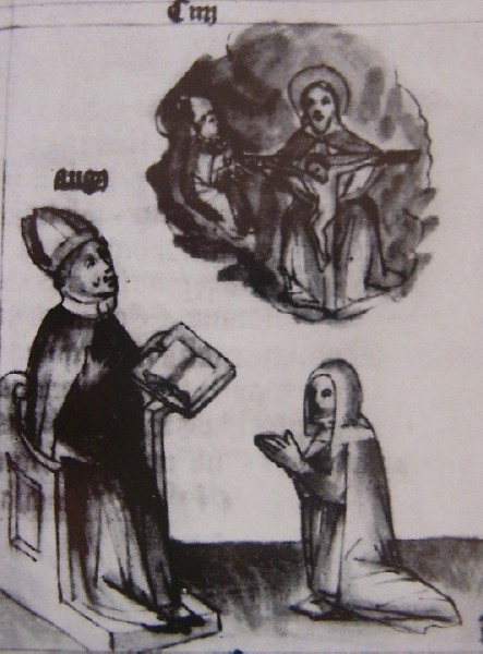 Agostino davanti alla Trinità non vede una donna che lo invoca, immagine tratta dalla Historia Augustini