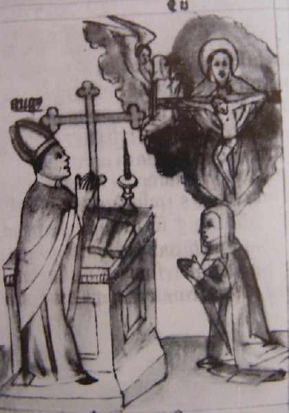 Agostino celebra la Messa e la vedova ha la visione della Trinità, immagine tratta dalla Historia Augustini