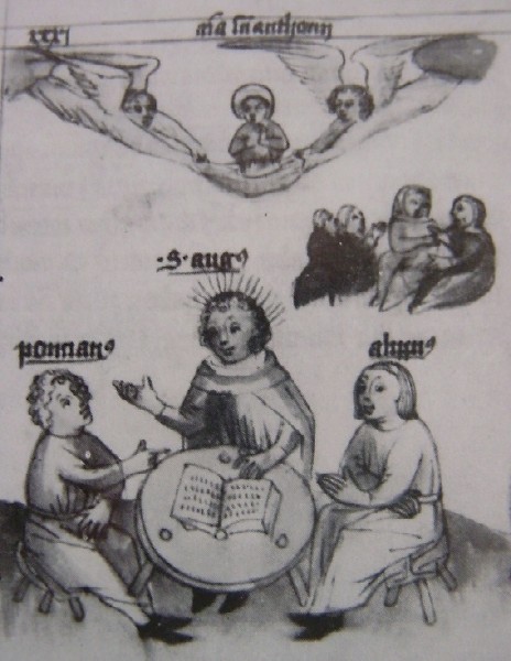 Ponticiano parla ad Agostino ed Alipio di sant'Antonio, immagine tratta dalla Historia Augustini