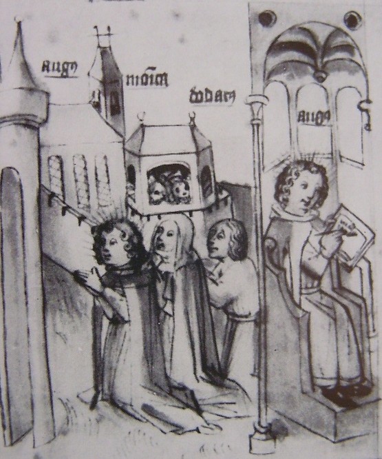 Agostino e i suoi amici a Cassiciaco conducono una vita di preghiera, immagine tratta dalla Historia Augustini