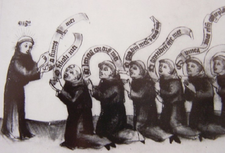 Agostino chiama i monaci fratelli carissimi, immagine tratta dalla Historia Augustini