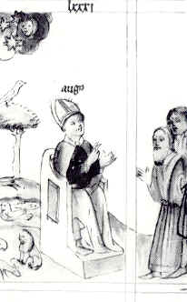 Agostino combatte gli eretici Felice, Pascenzio e Fausto, immagine tratta dalla Historia Augustini