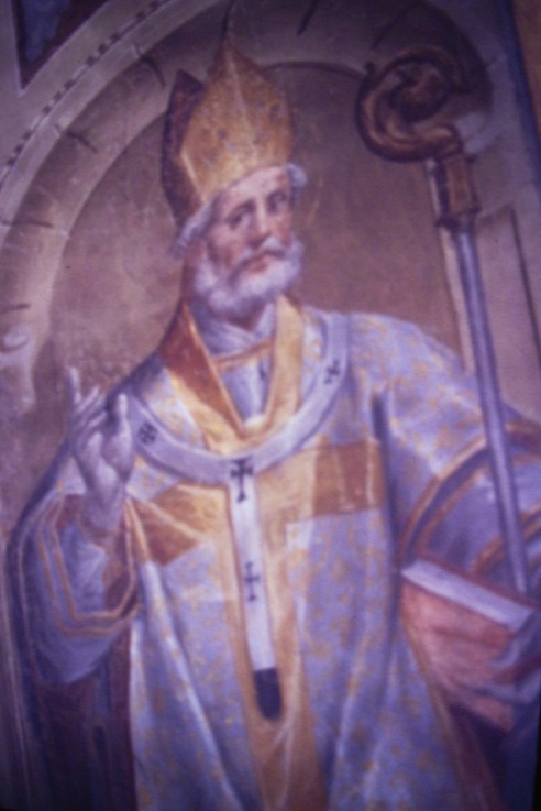 Agostino vescovo e Dottore, particolare della cappella Bontempi con il ciclo di affreschi del Fiammenghino