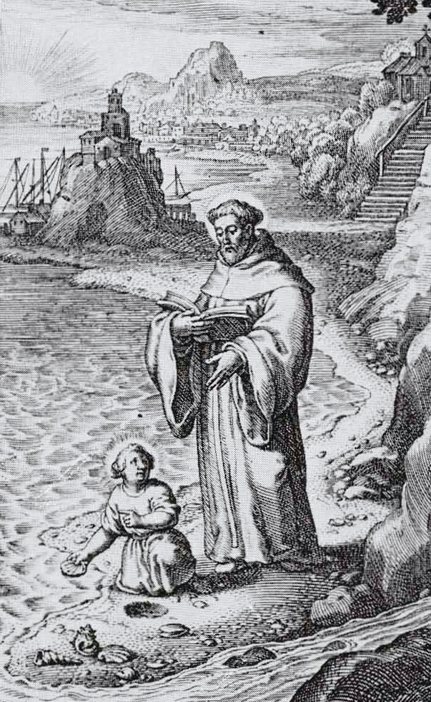 Il mistero della Trinità: Agostino incontra il bambin Gesù su una spiaggia, dalla stampa di Bolswert pubblicata a Parigi nel 1624