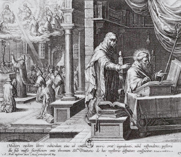 Agostino rapito davanti alla Trinità non vede una donna e mentre celebra la messa costei vede la Trinità, dalla stampa di Bolswert pubblicata a Parigi nel 1624