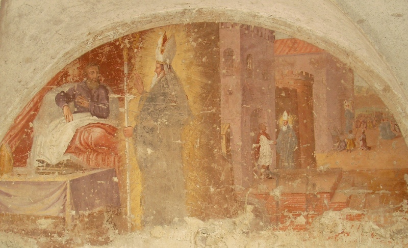 Tre miracoli: Agostino libera un prigioniero, guarisce un priore e invita i pellegrini a Cava Manara a visitare la sua tomba a Pavia, foto di Marco Mariotti Paradisi con l'autorizzazione del proprietario signor Paolo Massini