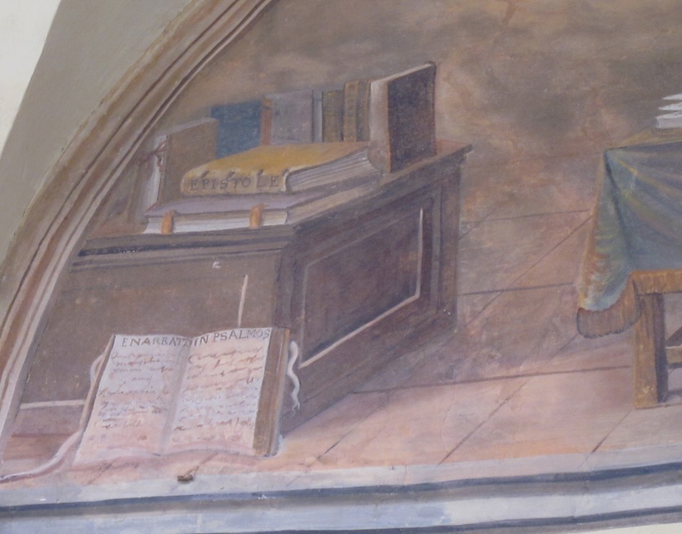 Agostino è rapito davanti alla Trinità: particolare dell'arredamento, lunetta nel chiostro del convento agostiniano di Cortona