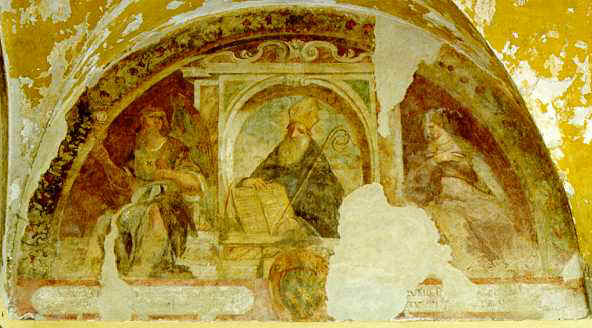 Agostino in trono fra fede e giustizia in un affresco di Begni nel chiostro del monastero agostiniano di Fano