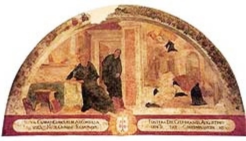 Agostino rapito davanti alla Trinità non vede una donna e mentre celebra la messa costei vede la Trinità nel chiostro del monastero agostiniano di Fano