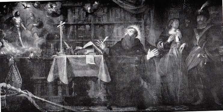 Agostino rapito davanti alla Trinità non vede una donna che lo implora, tavola di Guglielmo van Herp