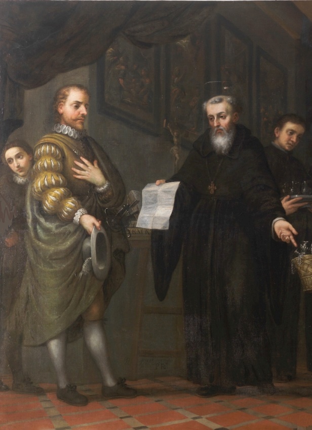 Particolare di Agostino che riceve i beni dai nobili ricchi