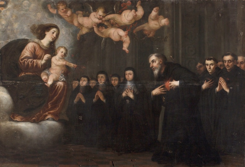 Agostino trafitto al cuore dalla Vergine e dal Bambino davanti un gruppo di monaci agostiniani