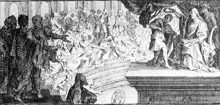 Agostino riceve la corona del vincitore a un concorso poetico, immagine dalla stampa di Jean Mariette