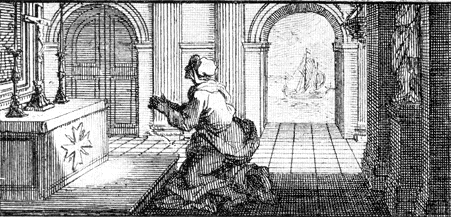Monica prega la memoria di S. Cipriano al tempo della partenza di Agostino, immagine dalla stampa di Jean Mariette