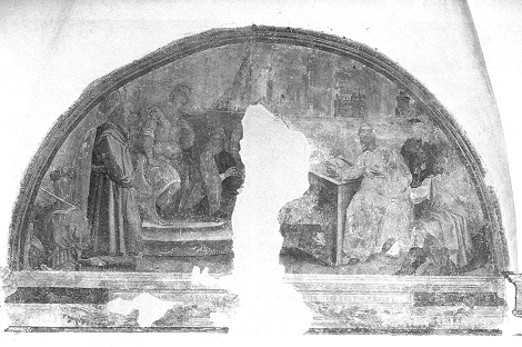 Agostino sottopone un suo discorso a Simmaco per la sua nomina a Milano come insegnante di retorica, affresco di Adolfo Petrazzi nel Chiostro del convento di S. Agostino e Pietrasanta