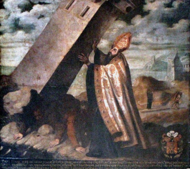 Agostino salva due uomini da una torre che minacciava di cadere a Cagliari, opera di Miguel de Santiago nel convento agostiniano di Quito