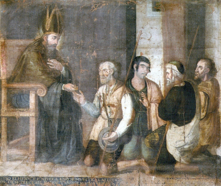 Particolare di Agostino elemosiniere dei poveri, opera di Miguel de Santiago nel convento agostiniano di Quito