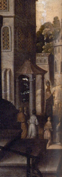 Agostino indica a dei pellegrini la via per visitare la sua tomba in san Pietro in Ciel d'Oro a Pavia, opera di Miguel de Santiago nel convento agostiniano di Quito