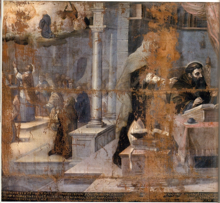 Agostino rapito davanti alla Trinità non vede una donna che lo implora e poi celebra una messa, opera di Miguel de Santiago nel convento agostiniano di Quito