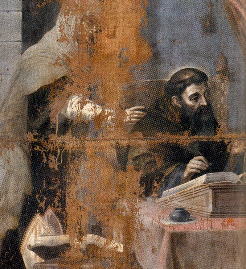 Particolare di Agostino allo scrittoio con la donna che lo implora