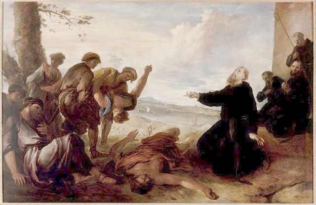 Agostino esorcizza degli indemoniati in dipinto nel Refettorio del Convento di Notre-Dame-des-Victoires a Parigi