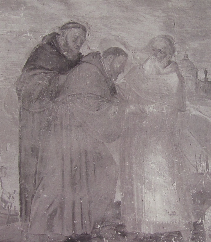 Affreschi di Ganassini nel chiostro della chiesa della SS. Trinità: Agostino chiede frati a Simpliciano e parte con la madre