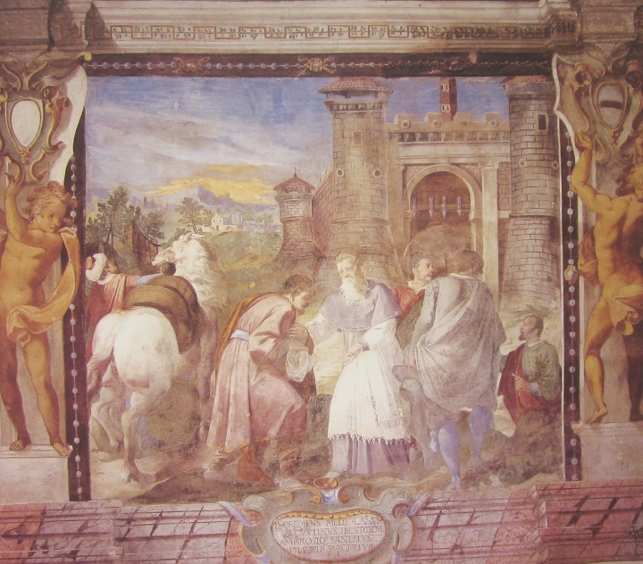 Affreschi di Ganassini nel chiostro della chiesa della SS. Trinit: Agostino incontra Ambrogio