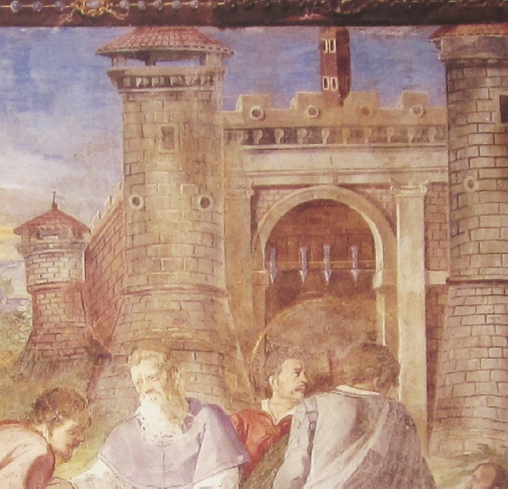 Affreschi di Ganassini nel chiostro della chiesa della SS. Trinità: Agostino incontra Ambrogio