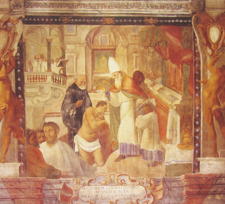 Affreschi di Ganassini nel chiostro della chiesa della SS. Trinità: Il battesimo di Agostino