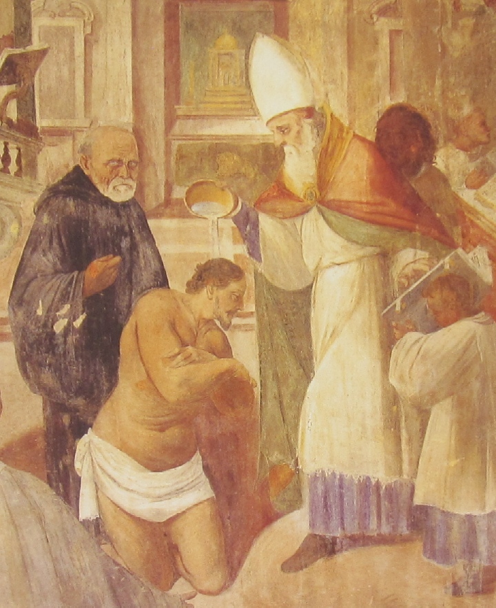 Affreschi di Ganassini nel chiostro della chiesa della SS. Trinità: Il battesimo di Agostino