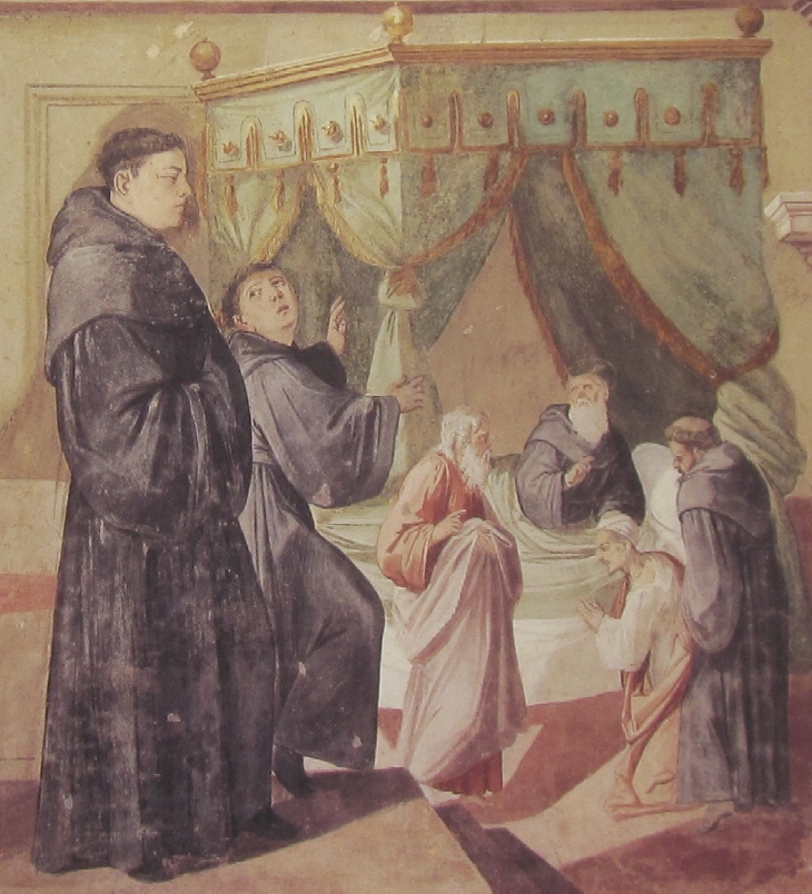 Affreschi di Ganassini nel chiostro della chiesa della SS. Trinità: Agostino guarisce un giovane