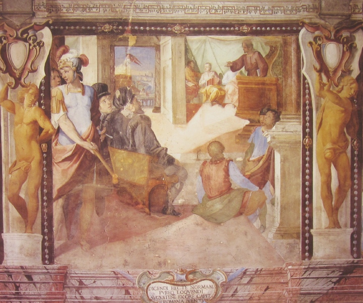 Affreschi di Ganassini nel chiostro della chiesa della SS. Trinità: Agostino insegna a Roma