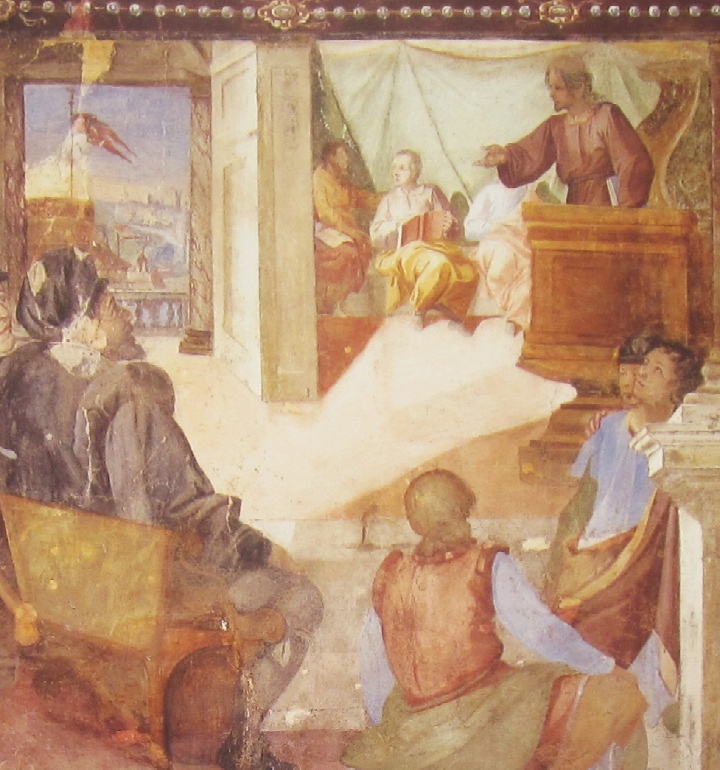 Affreschi di Ganassini nel chiostro della chiesa della SS. Trinità: Agostino insegna a Roma