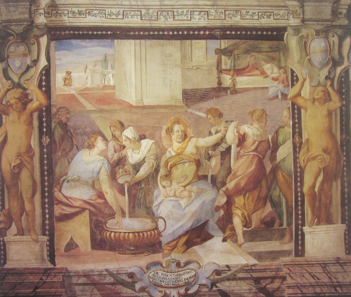 Affreschi di Ganassini nel chiostro della chiesa della SS. Trinità: La nascita di Agostino