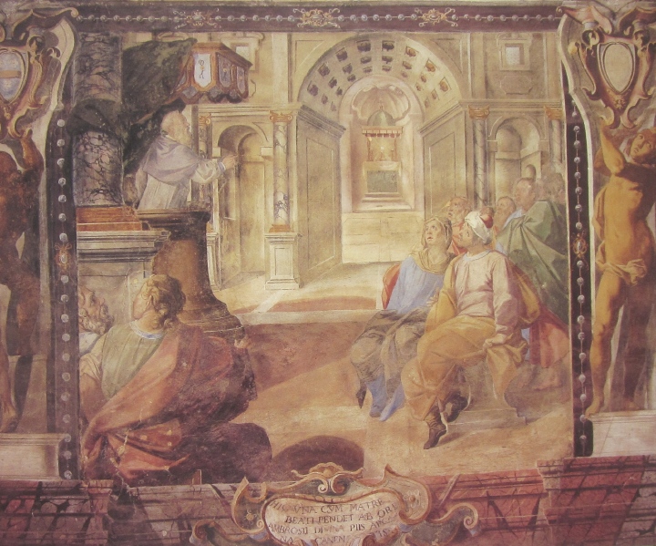 Affreschi di Ganassini nel chiostro della chiesa della SS. Trinit: Agostino ascolta la predicazione di Ambrogio