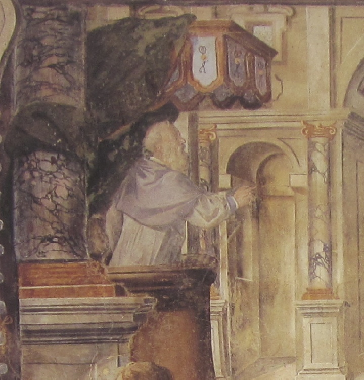 Affreschi di Ganassini nel chiostro della chiesa della SS. Trinità: Agostino ascolta la predicazione di Ambrogio