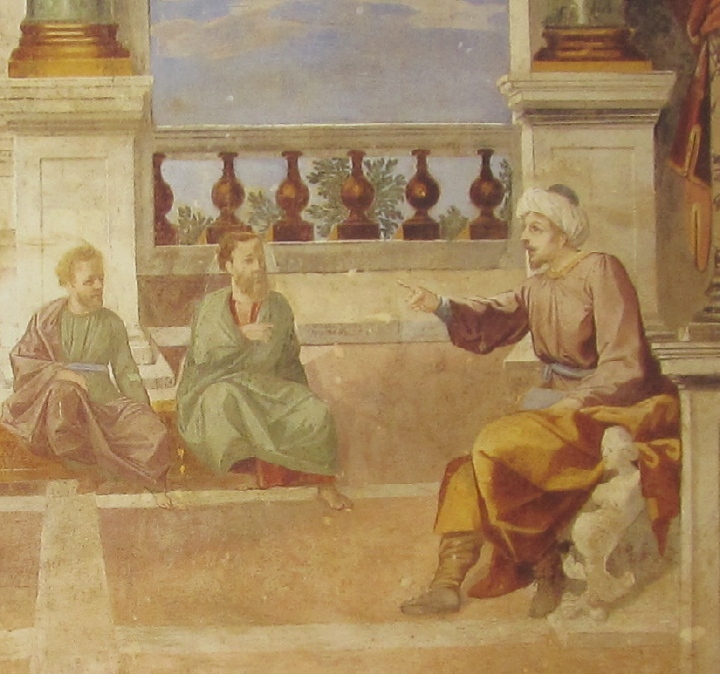 Affreschi di Ganassini nel chiostro della chiesa della SS. Trinità: Agostino insegna a Milano