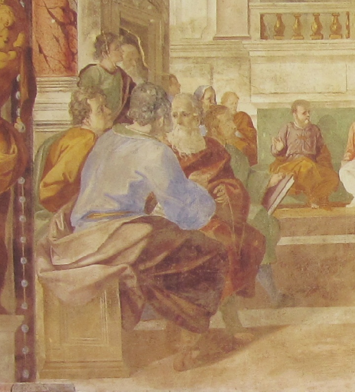 Affreschi di Ganassini nel chiostro della chiesa della SS. Trinità: Agostino insegna a Milano