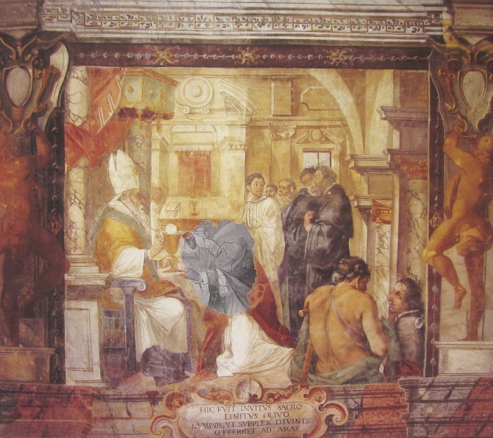 Affreschi di Ganassini nel chiostro della chiesa della SS. Trinit: Agostino ordinato sacerdote da Valerio vescovo di Ippona