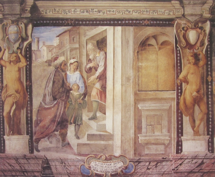 Affreschi di Ganassini nel chiostro della chiesa della SS. Trinit: Agostino condotto a scuola