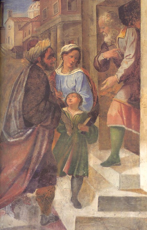 Affreschi di Ganassini nel chiostro della chiesa della SS. Trinità: Agostino condotto a scuola