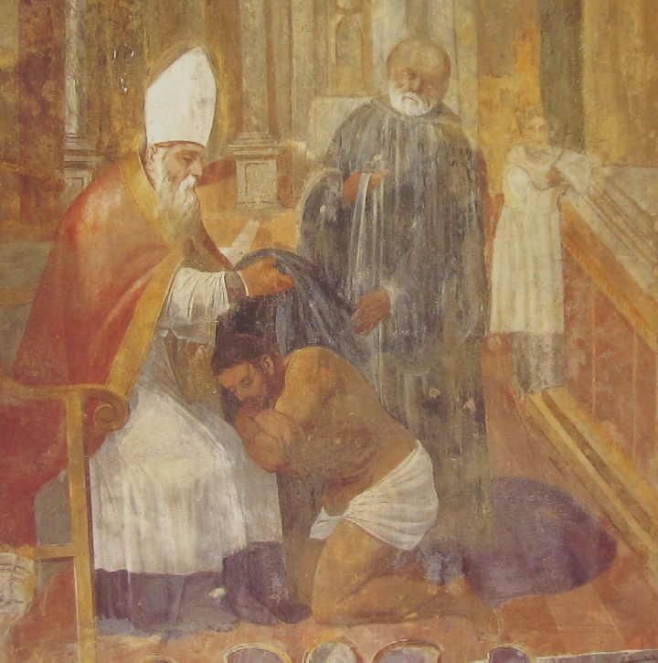 Affreschi di Ganassini nel chiostro della chiesa della SS. Trinità: La vestizione di Agostino
