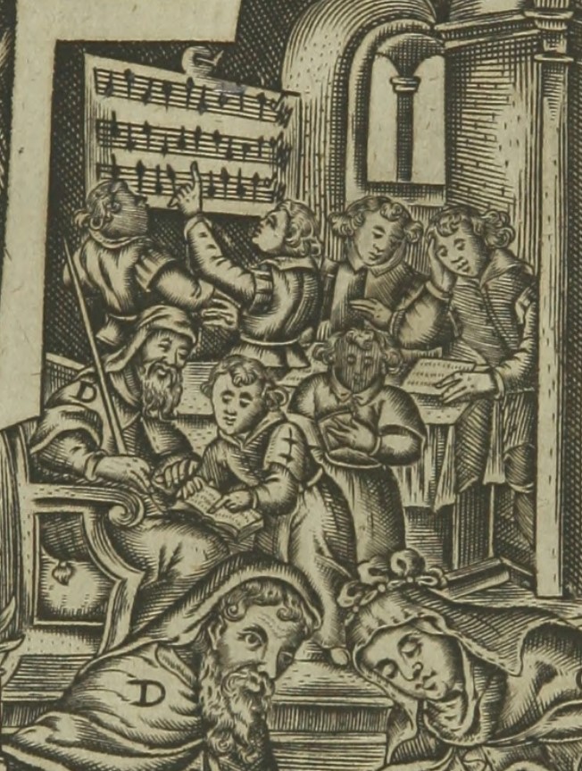 L'aula dove il maestro insegna ai giovani fanciulli, particolare della stampa seicentesca di Johannes Wandereisen pubblicata nel 1631 a Ingolstadt