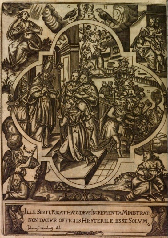 Monica consolata da un vescovo, stampa seicentesca di Johannes Wandereisen pubblicata nel 1631 a Ingolstadt