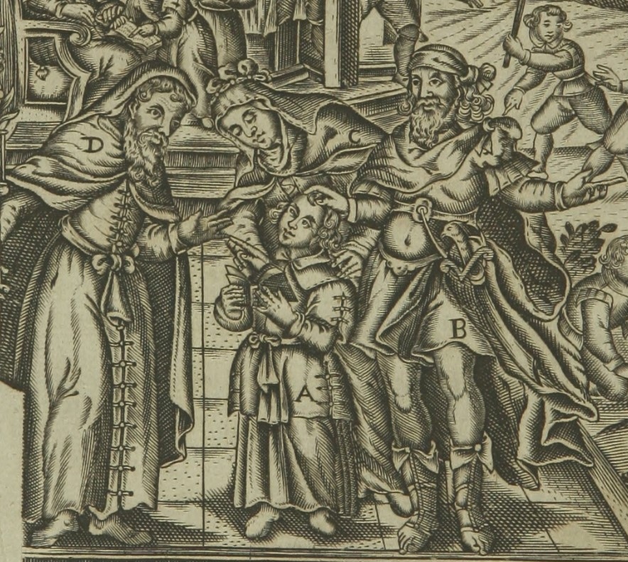 Il giovane Agostino è presentato al Maestro dai suoi genitori, particolare della stampa seicentesca di Johannes Wandereisen pubblicata nel 1631 a Ingolstadt