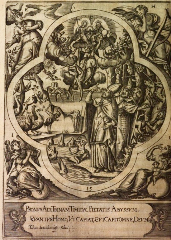 Agostino incontra un bambino sulla spiaggia, stampa seicentesca di Johannes Wandereisen pubblicata nel 1631 a Ingolstadt